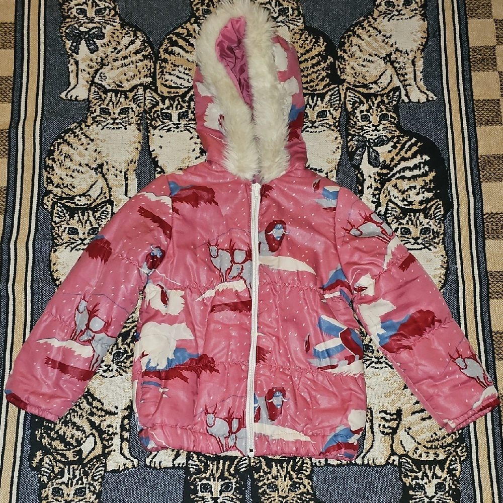 MOTHERcare Pink Patterned Kids Puffer Jacket Hood Goat & Bison Print B12